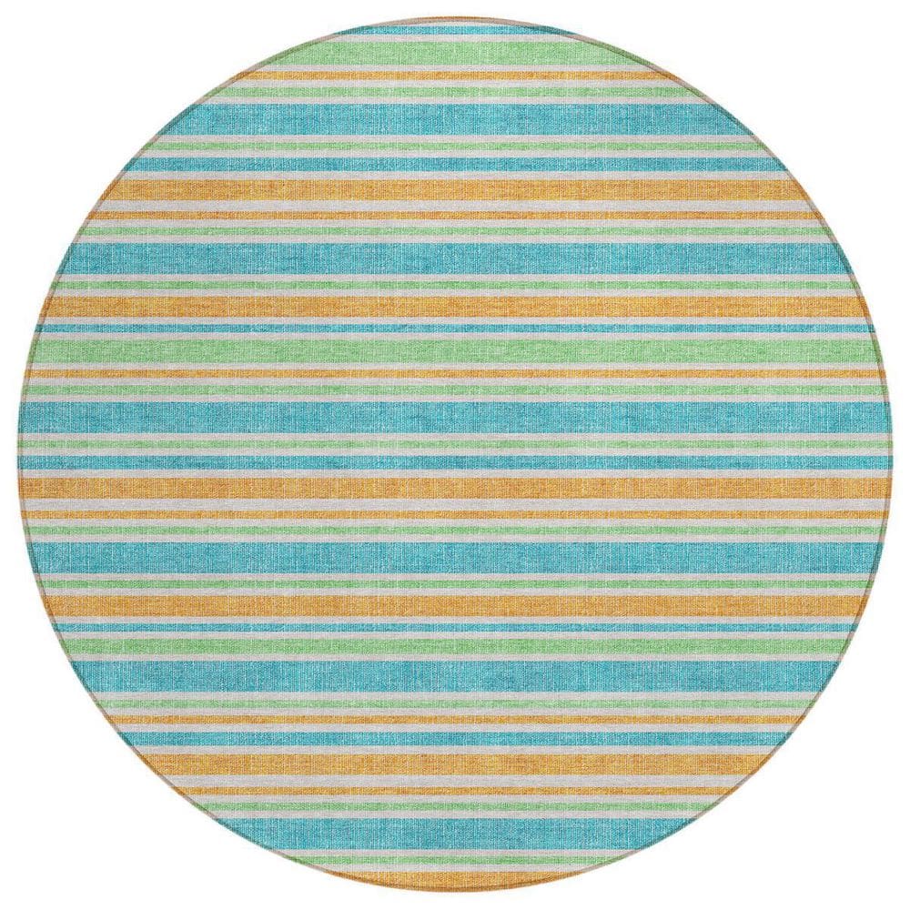 Teal Blue, Yellow, Green 8 ft. x 8 ft. Woven Striped Polyester Round Indoor / Outdoor Area Rug price history on PriceWatchPro