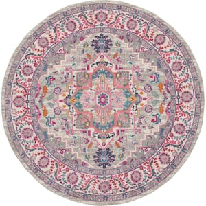 Passion Light Grey/Pink 8 ft. x 8 ft. Persian Medallion Transitional Round Area Rug