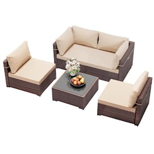 5-Piece Wicker Patio Conversation Sectional Seating Set with Beige Cushions