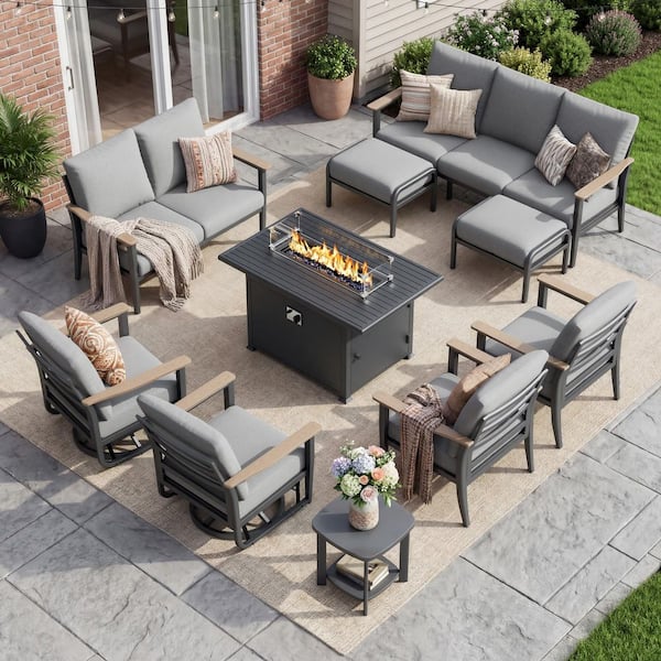 10-Piece Aluminum Patio Conversation Set with 55000 BTU Propane Fire Pit Table, Seats up to 9, Light Gray Cushions