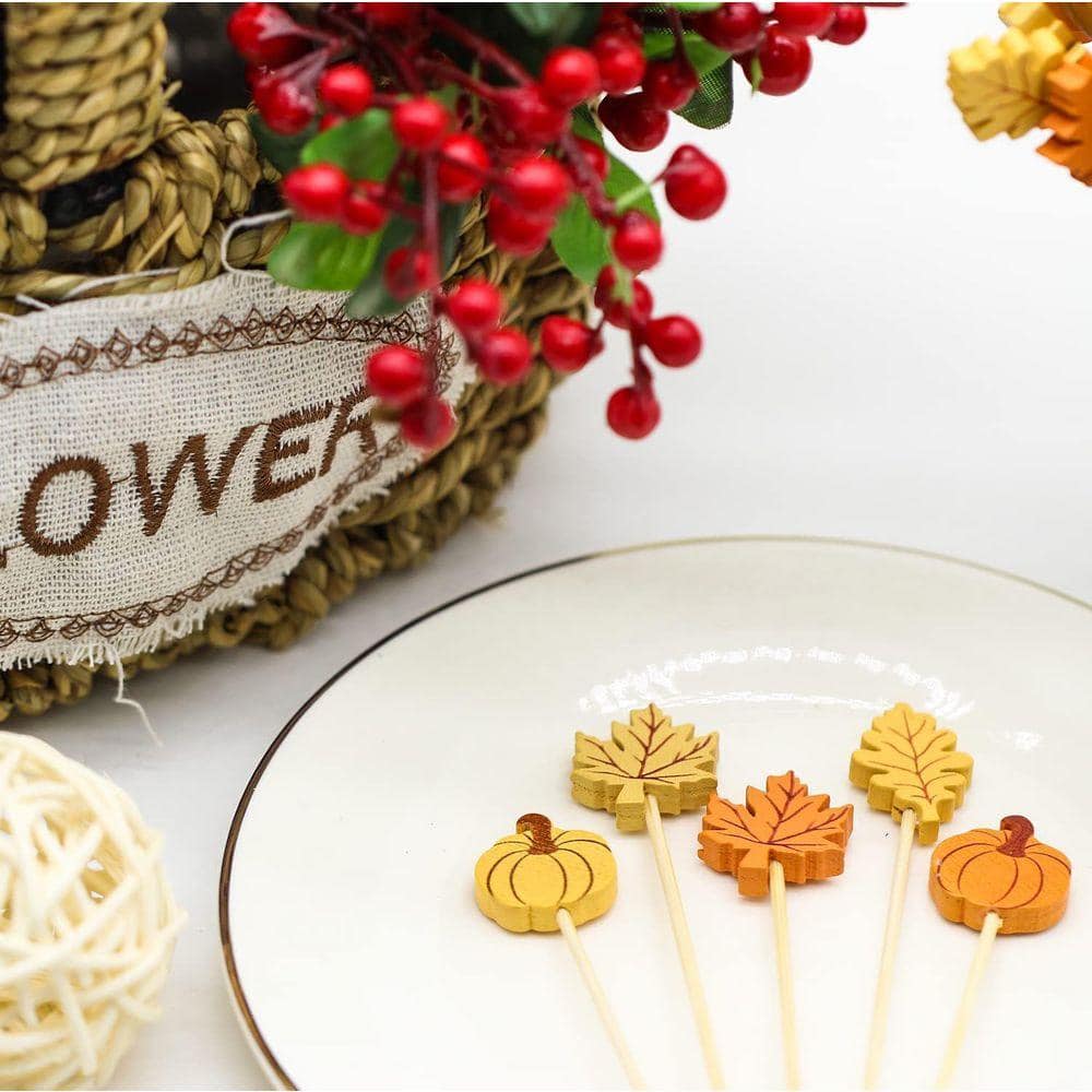 Fall Cocktail Picks Pumpkin Maple Leaf Assorted Orange Brown Disposable Bamboo Toothpicks Skewers 100 Per Case
