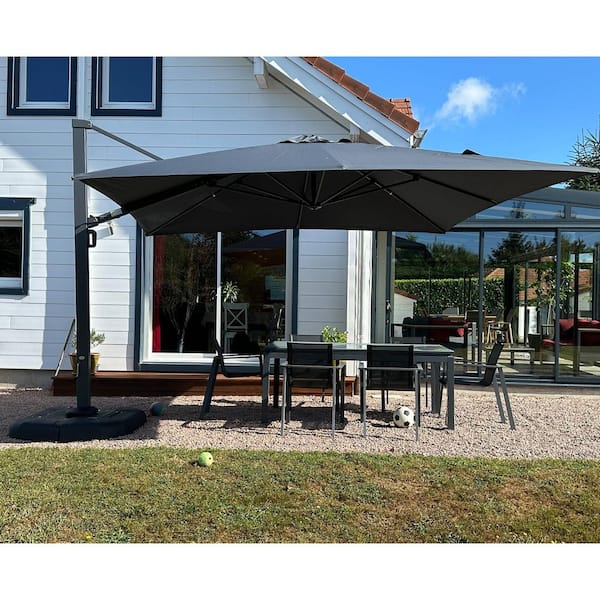 12 ft. Square Large Outdoor Aluminum Cantilever 360° Rotation Patio Umbrella with Base, Gray