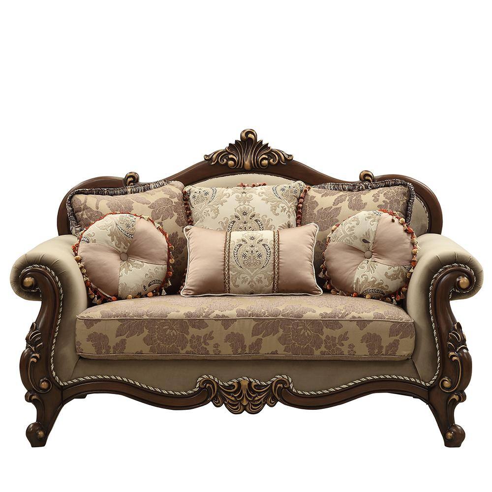 Beige Velvet Floral Rolled Arm Loveseat with Wood Frame