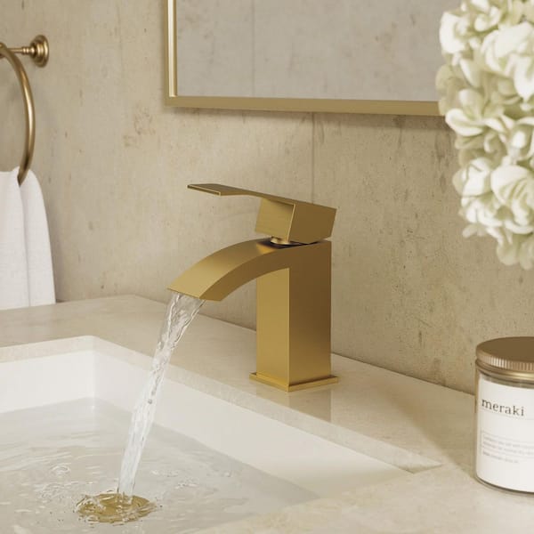 6 in. Waterfall 1-Handle Single Hole Bathroom Faucet with Pop-Up Drain and Stainless Steel 1.2 GPM in Brushed Gold