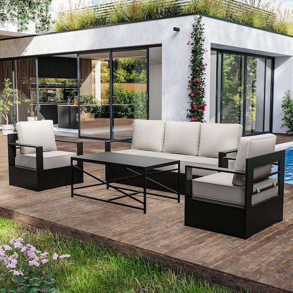 4-Piece Oversized Metal Patio Conversation Seating Set with 6 in. Beige Cushions and Coffee Table