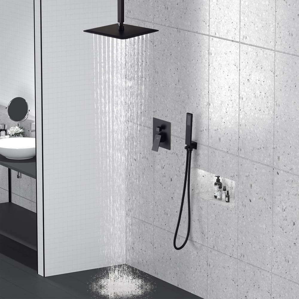 Large Matte Black Dual Square Ceiling Mounted Rain Shower System