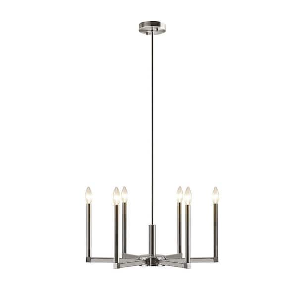 6-Light Dimmable Integrated LED Silver Candle Chandelier for Dining Room No Bulbs Included