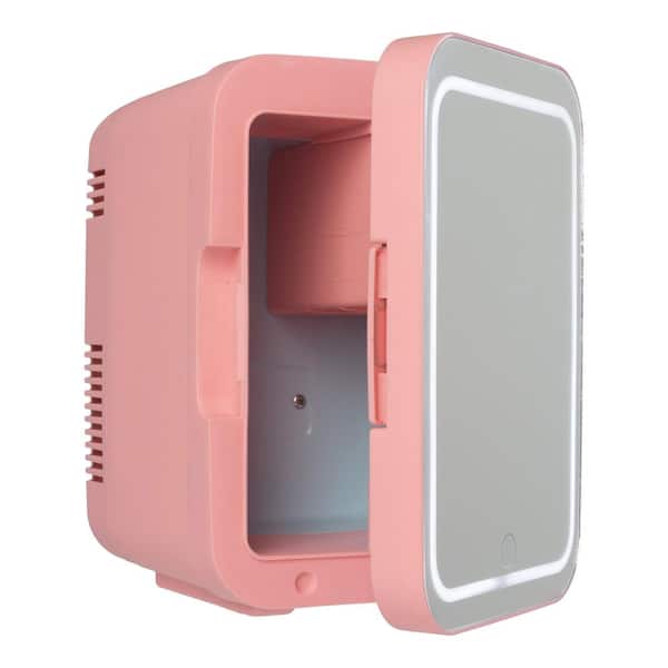 HOME-COMPLETE 8.75 in. 0.15 cu. ft. Portable Beauty Makeup Skincare LED Mirror Mini Refrigerator in Pink