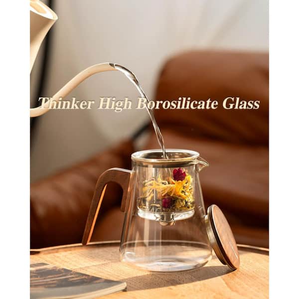 Numhew Vintage 4-Cup Walnut Borosilicate Glass Teapot with Magnetic Suction Lid and 304 Stainless Steel Strainer Heat-Resistant