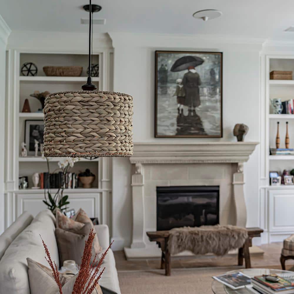 Bronze LED Drum Pendant with Seagrass Shade