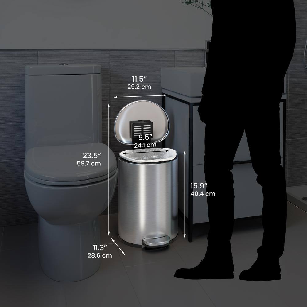 SoftStep 3 Gallon Brushed Stainless Steel Semi-Round Trash Can with Odor Filter