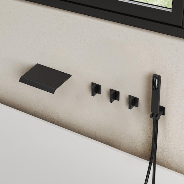 Waterfall 3-Handle 2-Spray Tub and Shower Faucet with Wide Flat Spout Shelf, 3.2 GPM in Matte Black Valve Included