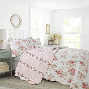 Romantic Cottage Peachy Pink Floral Stripe Cotton Queen Bedding Quilt Set (3-Piece)