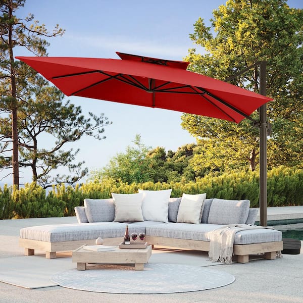 JEAREY 11 ft. Square Cantilever Umbrella Patio Rotation Outdoor Umbrella with Cover in Red