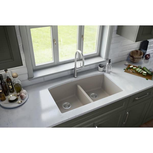 Karran Undermount Quartz Composite 32 in. 50/50 Double Bowl Kitchen Sink in Concrete