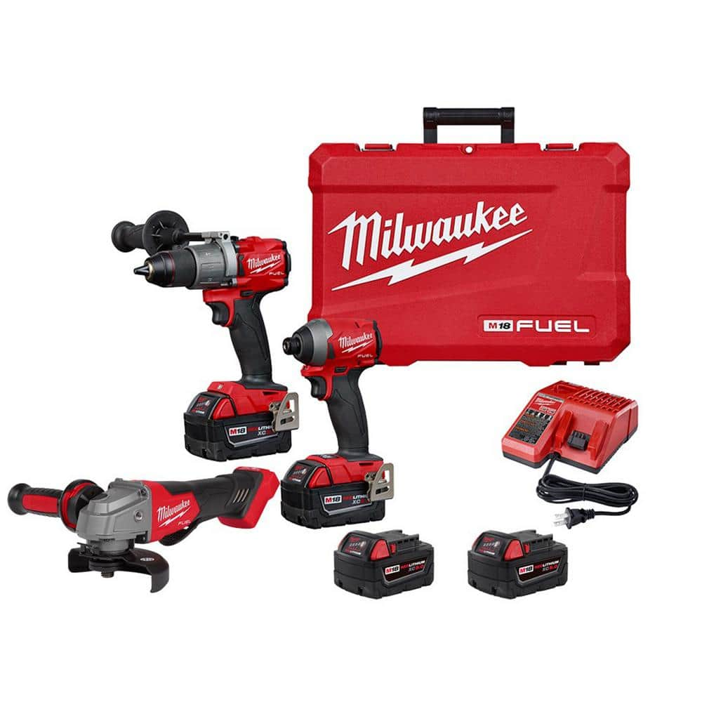 Milwaukee M18 FUEL 18-Volt Lithium-Ion Brushless Cordless Hammer Drill/Impact Driver/Grinder (3-Tool) with (4) 5.0 Ah Batteries