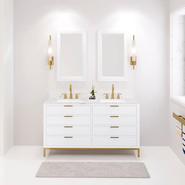 Water Creation Bristol 60 in. W x 21.5 in. D Vanity in Pure White with Marble Top in White with White Basin and Grooseneck Faucet