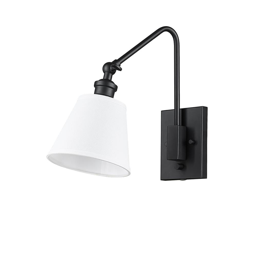 Matte Black Adjustable Swing Arm Wall Sconce with Fabric Shade