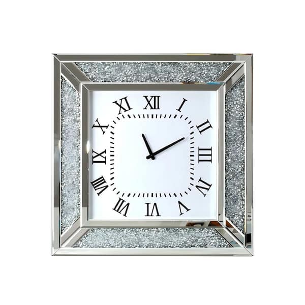 THKSHOUZ Glamorous Silver Square Wall Clock - Crushed Diamond Inlay, Mirrored Frame, Roman Numerals