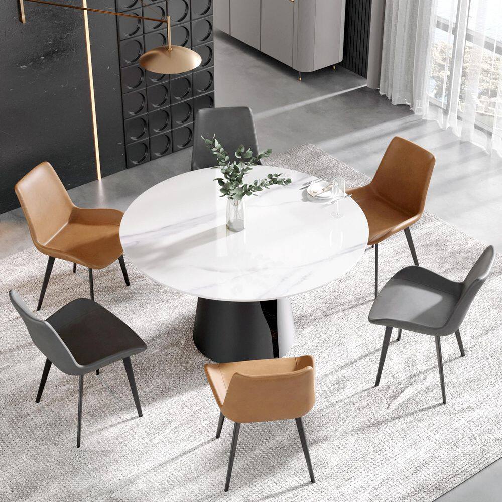 53.15 in. White Sintered Stone Round Top Pedestal Black Base Dining Table (Seats 6)