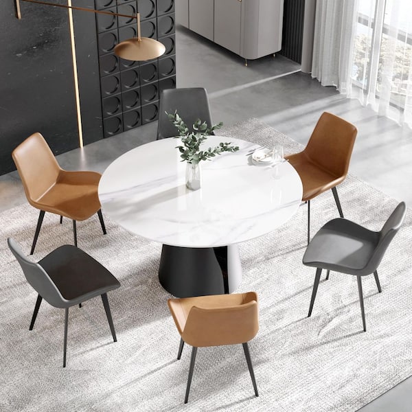 Magic Home 53.15 in. White Sintered Stone Round Top Pedestal Black Base Dining Table (Seats 6)