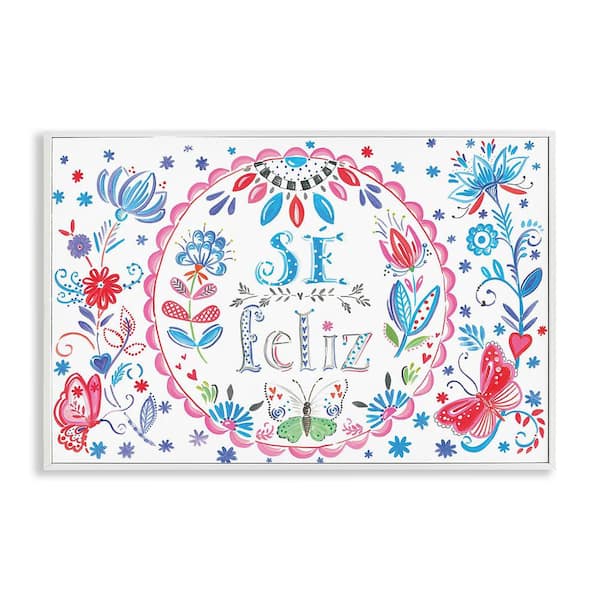 Stupell Industries Be Happy Floral Butterflies by SD Graphics Studio White Framed Typography Giclee Art Print 20 in. x 30 in.