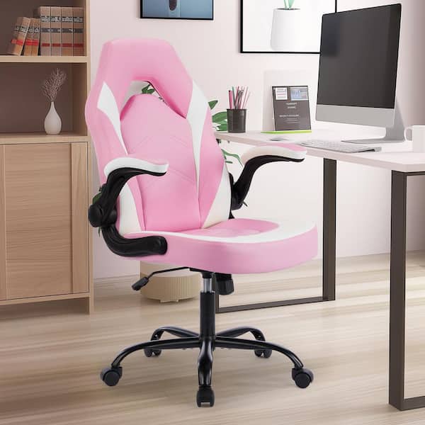 PU Leather Adjustable Height Ergonomic Computer Desk Gaming Chair in Pink White with Flip-up Armrest for Adults, Kids
