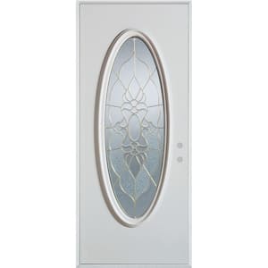 32 in. x 80 in. Traditional Patina Oval Lite Painted White Left-Hand Inswing Steel Prehung Front Door