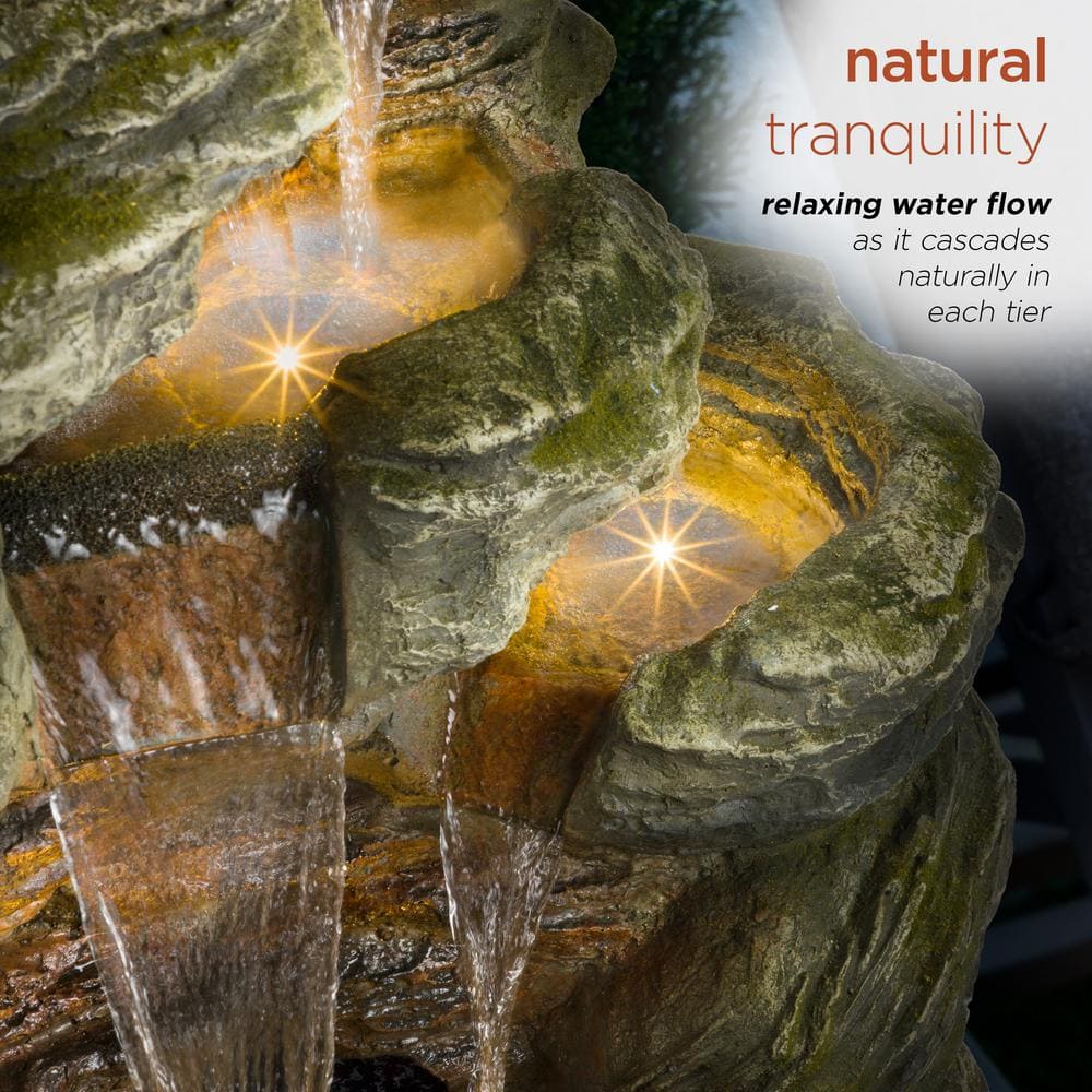 Alpine Cascading Rock Fountain with LED Light, 51" Tall