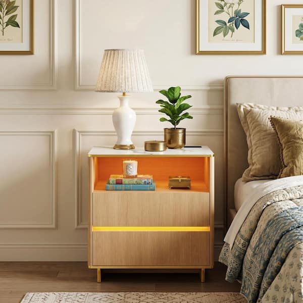 Yellow Wood Grain 2-Drawer 31.5 in. W Rectangular End Table, Nightstand Side Table with Open Shelf Marble Top and Socket
