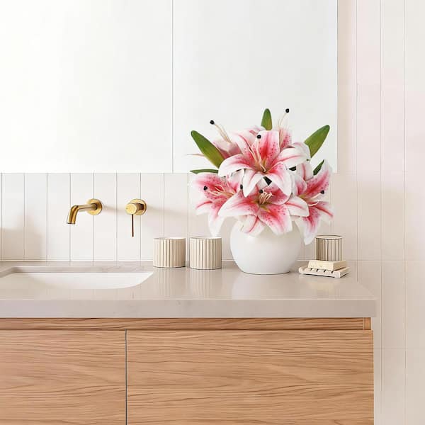 13.7 in. Pink Real Touch Artificial Lily Bouquet, Indoor Decor