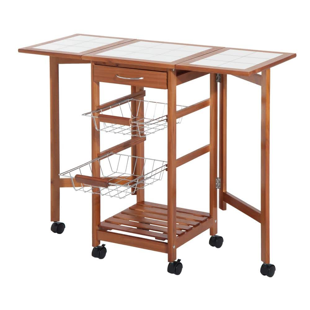 HOMCOM Honey Brown Wooden Drop Leaf Kitchen Cart With Basket Storage   Honey Brown Homcom Kitchen Carts 05 0018 64 1000 