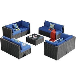 Poseidon Gray 9-Piece Wicker Outdoor Patio Conversation Sectional Sofa Seating Set with Navy Blue Cushions
