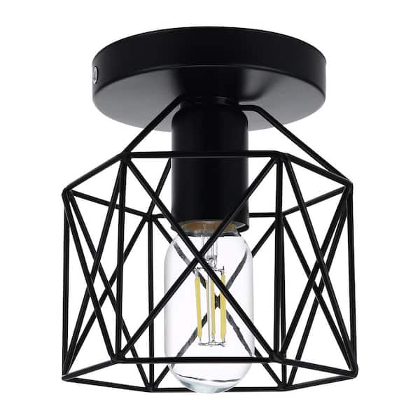 YANSUN 6 in. 1-Light Black Industrial Semi-Flush Mount Ceiling Light with Metal Cage Shade for Porch Hallway