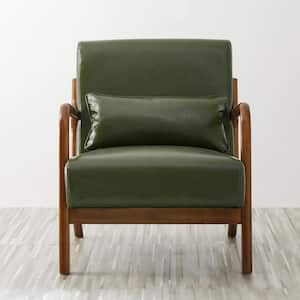 Mid-Century Modern Hunter Green PU Leather Accent Arm Chair with Walnut Ruberwood Frame