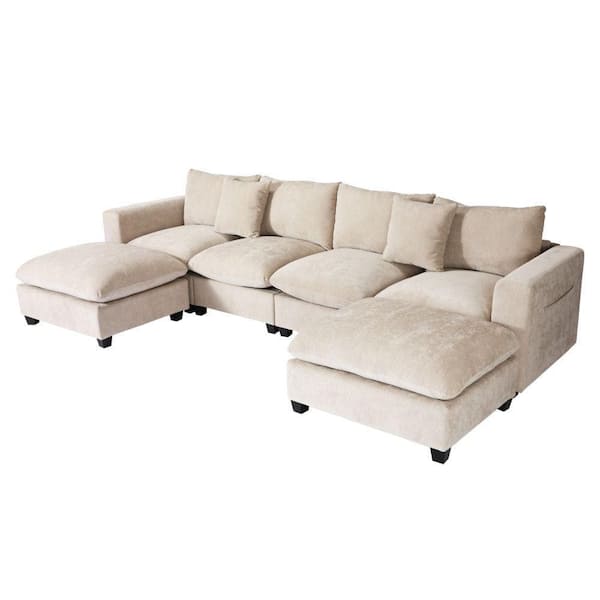 Lucca 128 in Square Arm 6-Piece Plush Chenille Modular Sectional Sofa Ottoman Set w/ USB Charge Port in. Taupe