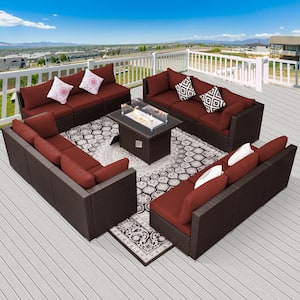 Luxury 13-Piece Patio Brown PE Wicker Patio Sofa Set with Red Cushions and 55,000 BTU Fire Pit Table