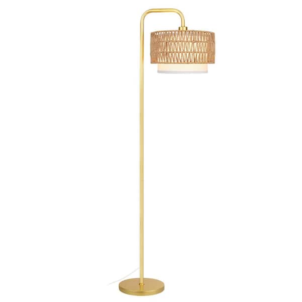 Rottogoon 68 in. Gold Paint Boho Standing Lamp, 1 Bulb Remote 3 Color Temp Arc Floor Lamp for Bedroom with Rattan & Fabric Shades