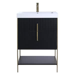 24 in. W x 18 in. D x 33.5 in. H Bath Vanity in Black Matte with Gel Coated Thick top in White With Satin Brass Hardware