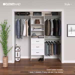 Style+ 73.1 in W - 121.1 in W White Basic Plus Floor Mount Wood Closet System KitWith Top Shelves and Shaker Drawers