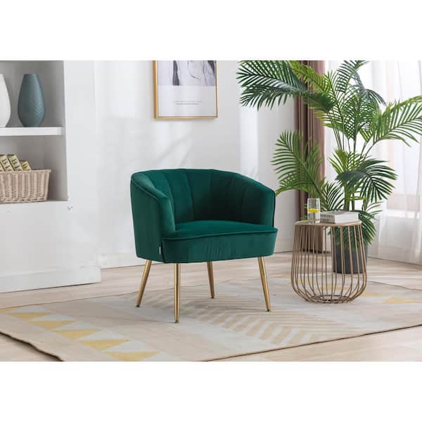 ANBAZAR Velvet Barrel Chair/Accent Chair, Sofa Chair With Back, Tufted Upholstered Armchair With Metal Legs,Bedroom, Club,Green