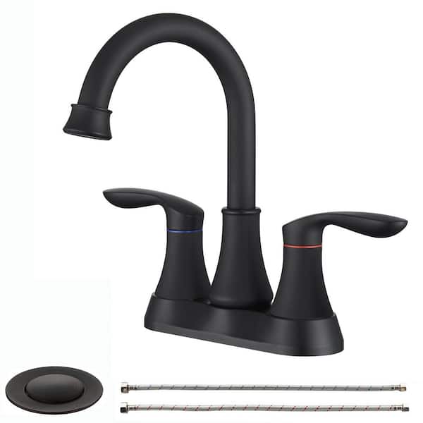 4 in. Centerset Double Handle High Arc Bathroom Faucet with Drain Kit Included in Matte Black