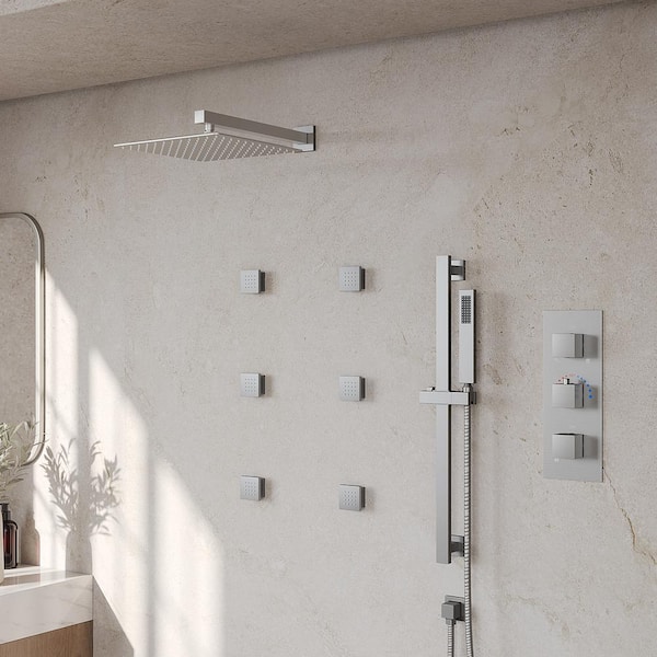 GRANDJOY ZenithRain 5-Spray Dual Wall Mount 12in. Fixed and Handheld Shower Head 2.5GPM in Brushed Nickel Valve Included