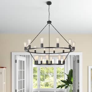 20-Lights Modern/Contemporary Matte Black Wagon Wheel Double-Tiered Dry Rated Chandelier