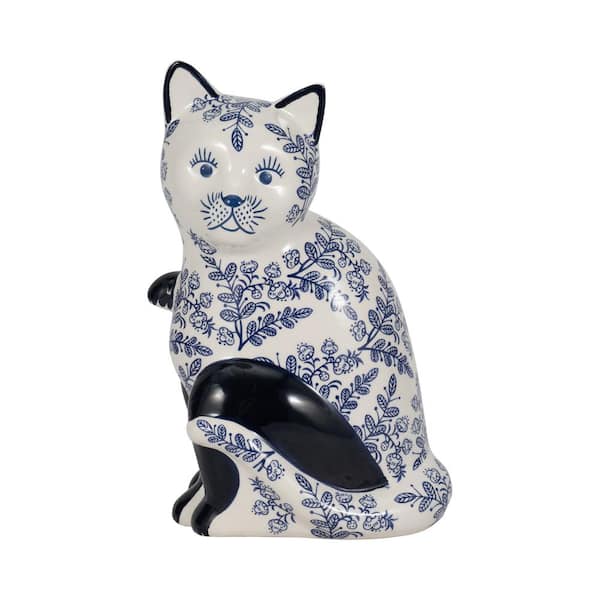 Liv & Skye Blue 6 in. x 10 in. Ceramic Cat Chinoiserie Vintage Style Figurine