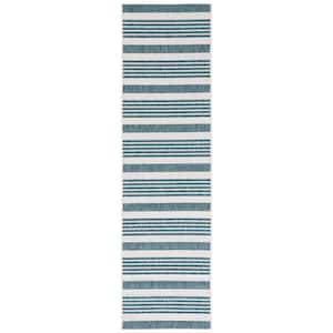 Courtyard Ivory/Teal 2 ft. x 8 ft. Runner Geometric Striped Indoor/Outdoor Area Rug