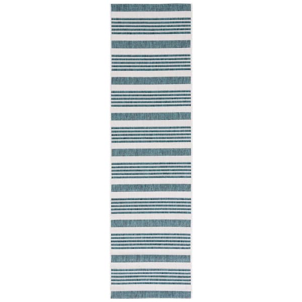Courtyard Ivory/Teal 2 ft. x 8 ft. Runner Geometric Striped Indoor/Outdoor Area Rug