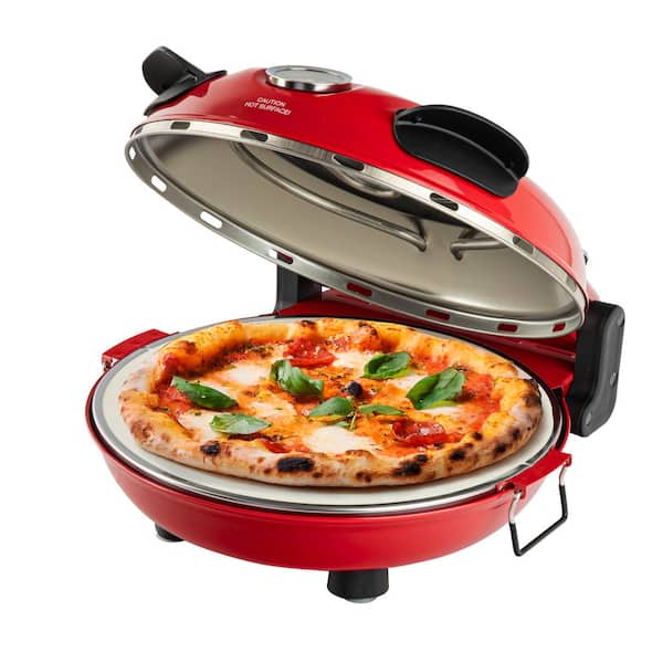 Piezano 12 in. Red Portable Countertop Stone Bake Indoor Grill Electric Oven Pizza Maker w. Dough Roller, Cutter Bundle