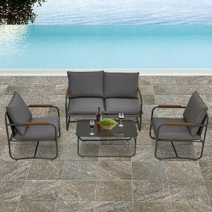 4-Piece Aluminum Patio Conversation Set with Coffee Table and Dark Gray Cushions