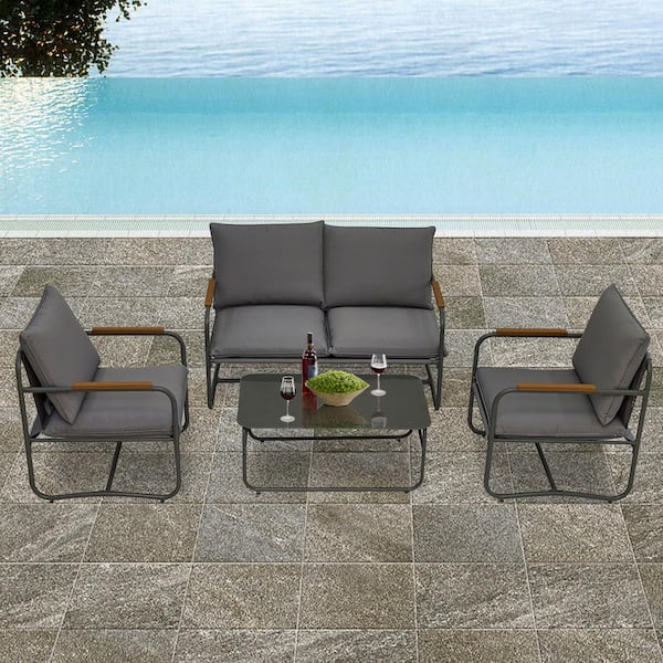 Tenleaf 4-Piece Aluminum Patio Conversation Set with Coffee Table and Dark Gray Cushions